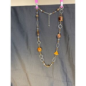 Bohemian Beaded Necklace Amber Brown Geometric‎ Shapes Long Statement Pendant